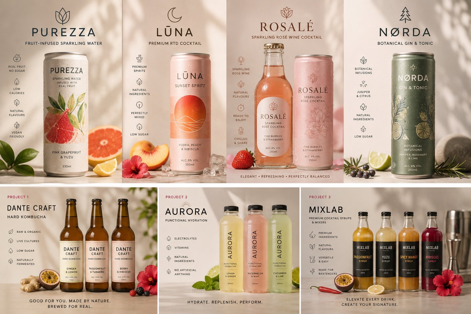 Private label concept designs — sparkling water, RTD cocktails, sparkling rosé, gin & tonic, hard kombucha, functional hydration and cocktail syrups
